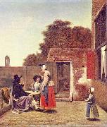 Pieter de Hooch Hof mit zwei Offizieren und trinkender Frau oil painting